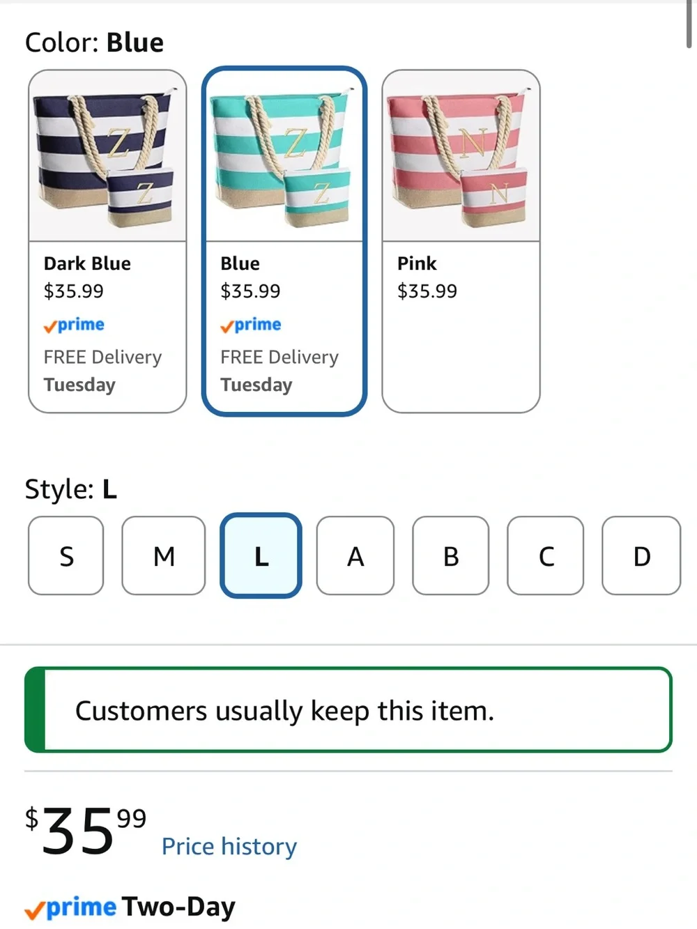☀️🏝️ YOOLIFE NEW  WITH TAGS STRIPED BEACH BAG WITH TOILETRY BAG - initial “L”